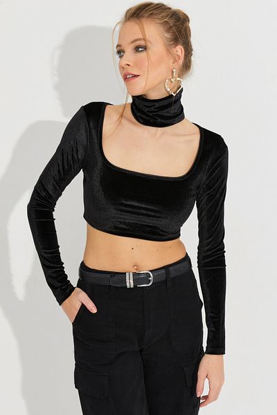 Cool & Sexy Bluză neagră de damă, cu guler pătrat, guler la gât, de catifea B2867