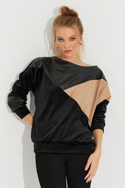Cool & Sexy Women's Black-Gold Leather Blocked Velvet Sweatshirt BK1710