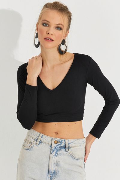 Cool & Sexy Damska czarna krótka bluzka z dekoltem w kształcie litery V LPP1241