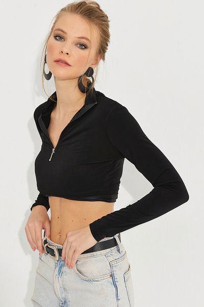 Cool & Sexy Γυναικεία μπλούζα με μαύρο φερμουάρ Crop MEN2020