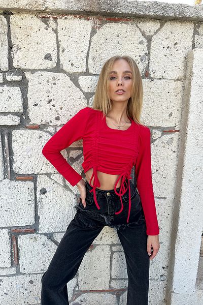 Trend Alaçatı Stili Women's Red Crew Neck Front Gathered Blouse ALC-X11160