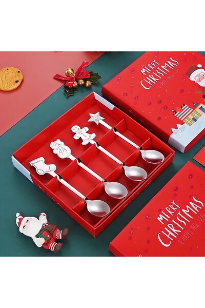 Corney Design Noel 4'lü Gümüş Renk Yılbaşı Kahve & Tatlı Kaşığı