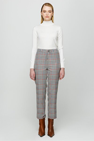 Esswaap Rahat Korsajlı Beden Ayarlamalı Ekose Desenli Pantolon Kırmızı