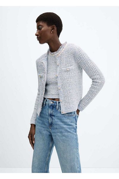 MANGO Woman Cardigan din tweed cu nasturi bijuterie