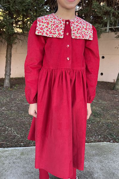 Masnu Çocuk Girl's Red Floral Collared Winter Velvet Knee-Length Gathered Dress