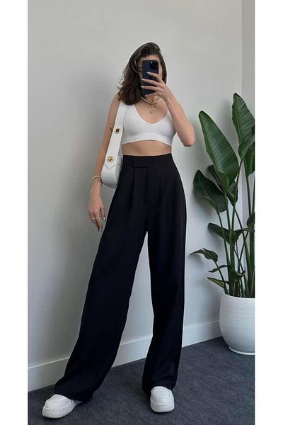 ZEY FASHION Line Women's Lycra Velcro Closure Black Palazzo Trousers