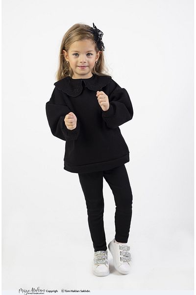 Harika KIDS Mädchen-Set aus mitteldickem Stoff mit Latzkragen und bedrucktem Strick-Basic-Strumpfhosen-Oberteil und -Unterteil