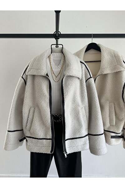 mypagebutik Μπουφάν Doly Λευκό με Μαύρες Ρίγες Πελούς