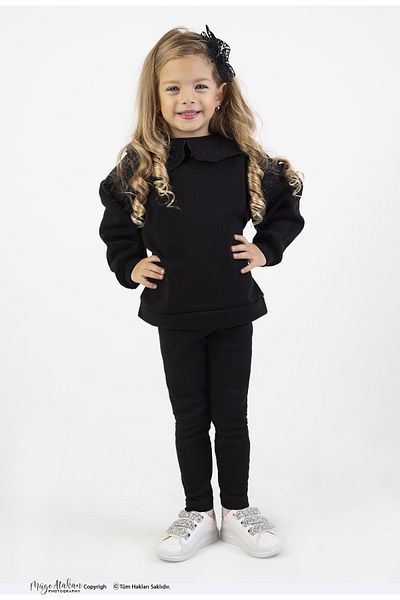 Harika KIDS Mädchen-Set aus mitteldickem Stoff mit Latzkragen und bedrucktem Strick-Basic-Strumpfhosen-Oberteil und -Unterteil
