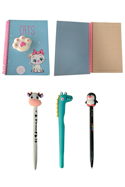 GLANCE Baskılı squishy defter Defter Kedi Çizgili 3'lü Kalem Seti