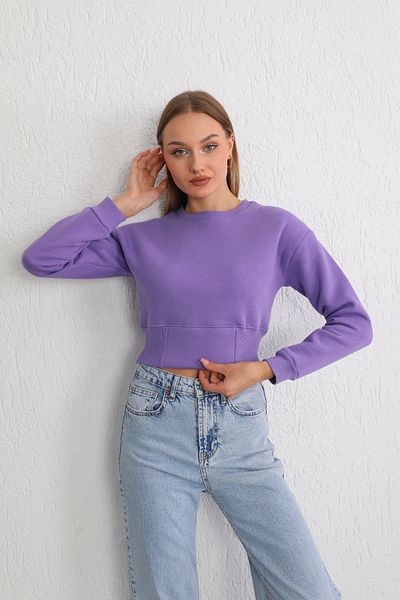 BİKELİFE Damen Lila Taillenband Detaillierte Dicke Innenseite Fleece Strick Sweatshirt Crop