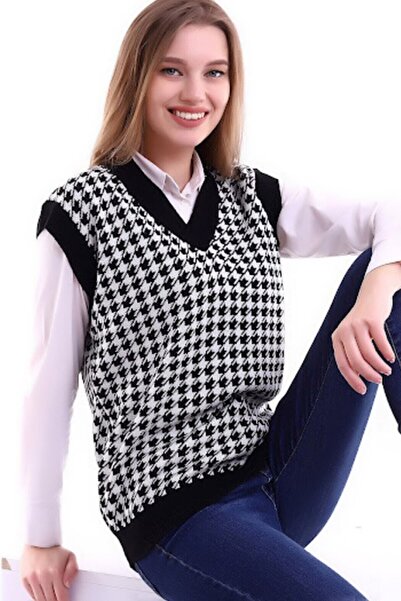 CoolLook Kazayağı Desen Rahat Kalıp V Yakalı Yaka ve Kol Ucu Bloklu Triko Süv...