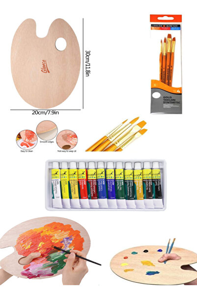 GLANCE Fanart 12x12 Yağlı Boya Seti Oval Ahşap Palet Delikli 20x30 cm Daller Rowney 4'lü Fırça Seti