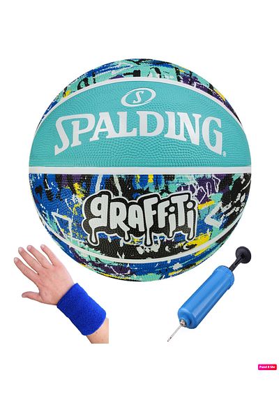 SPALDING Graffiti 8 Panel Basketball Ball Performance Outdoor Rubber Surface + Pump + Towel Bracelet