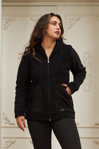 RMG Plus Size Black Cardigan with Sequin Embroidered Sleeves and Pockets