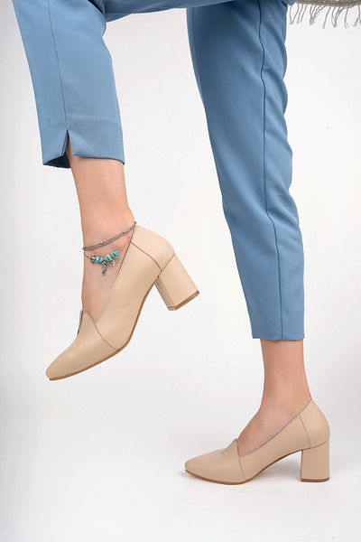 Deripabuc Genuine Leather Beige Women's Heeled Leather Shoes Shn-0955