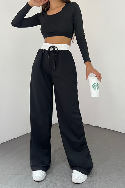 Sun Victoria Kadın Siyah Cep Detaylı Iki Iplik Beli Lastikli Oversize Bol Paç...