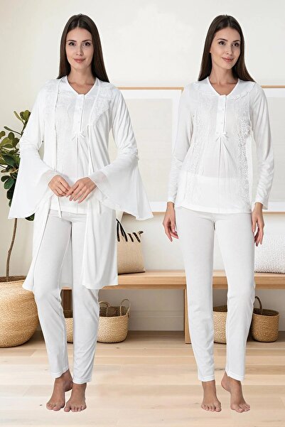 by İGP Maternity Pajama Set with Ecru Collar Detailed Lace Dressing Gown