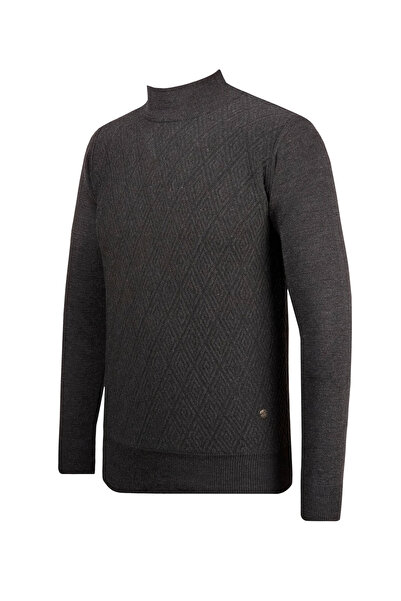 Çizgi Triko Ανδρικό πλεκτό πουλόβερ με μισό ζιβάγκο ανθρακί με μοτίβο μανίκι και μέση ελαστικό ατσάλι πλεκτό κλασικό καλούπι