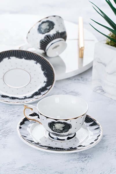 ACAR Amora 2 Kişilik Porselen Kahve Fincanı Takımı - Şık ve Gold Detaylı Tasa...