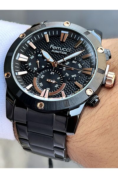 Ferrucci Function Function Black Color 3 Atm Waterproof Steel Cord Men's Wristwatch