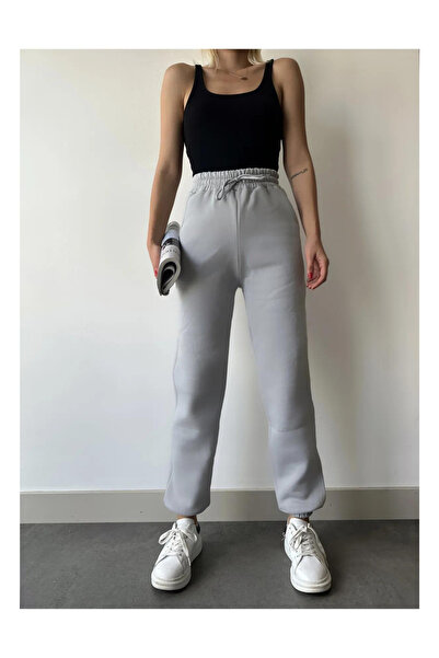 Genel Markalar Kadın Gümüş Gri Kışlık Kalın İçi Polarlı Yüksek Bel Paçası Lastikli Basic Jogger Eşofman Altı