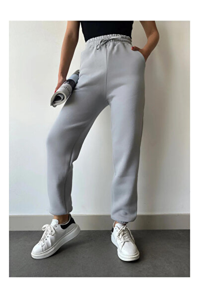 Genel Markalar Kadın Gümüş Gri Kışlık Kalın İçi Polarlı Yüksek Bel Paçası Lastikli Basic Jogger Eşofman Altı