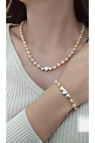 MARCİELO Accessories Three Hearts Necklace-bracelet Set with Gold Apparatus