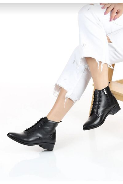 Ayakkabı Ülkesi Νέο μοντέλο με φερμουάρ Lace Up Μαύρες Δερμάτινες Casual Γυναικείες Μπότες