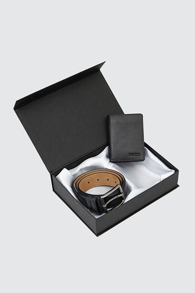 Deriza Genuine Leather Men's Wallet Belt Set Black