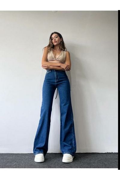 Trn JNS Pantaloni Palazzo de blugi largi Solmaz albastru închis (talie înaltă)