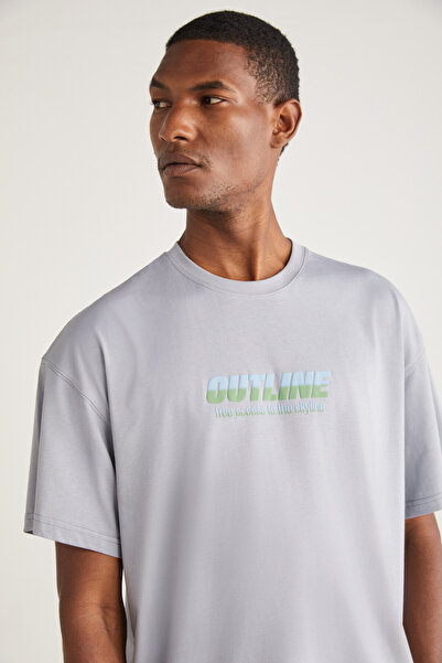 GRIMELANGE Antonio Men's Oversize Fit 100% Cotton Thick Textured Printed T-shirt