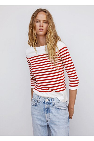 MANGO Woman تي شيرت مخطط برقبة قارب