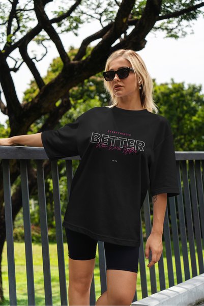 offsidesign Women's Black T-shirt Everything Is Better Printed T-shirt Short Sleeve