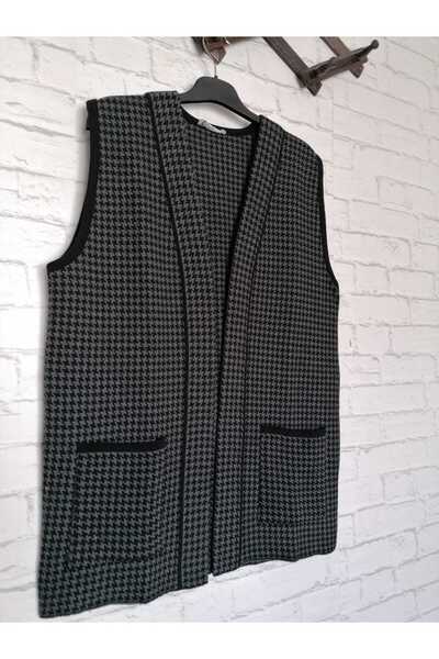anne moda ankara winter, steel knitted, wide fit, houndstooth pattern, open front vest