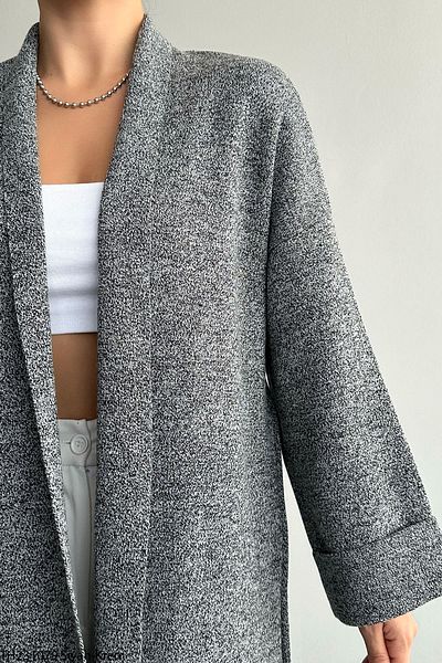 LOOSH Women's Dark Gray Shawl Collar Sleeve Detailed Long Knitwear Cardigan