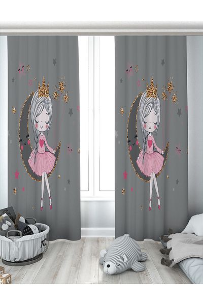 Evperest Girl Sitting on the Moon Gray Double Winged Background Curtain EPP110