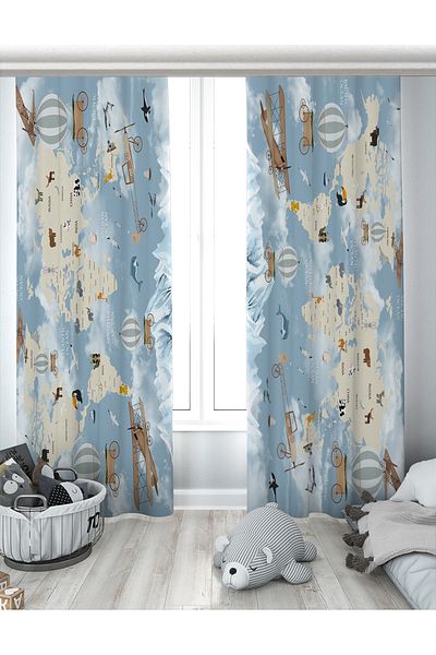Evperest Maped Airplane Balloons Biplane Background Curtain EPP112