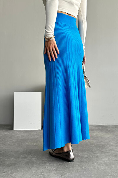 LOOSH Women's Turquoise High Waist Flared Knitwear Skirt