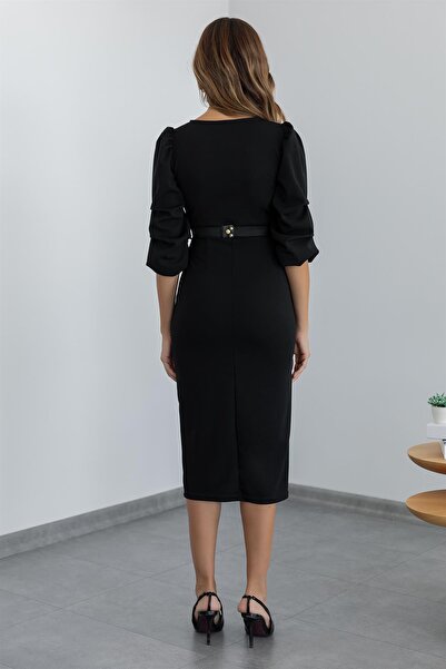 vuvutasarım Flexibilní potápěčský krepový látkový pásek s 3/4 rukávy, dvojitý límec, délka midi, černé večerní šaty 074