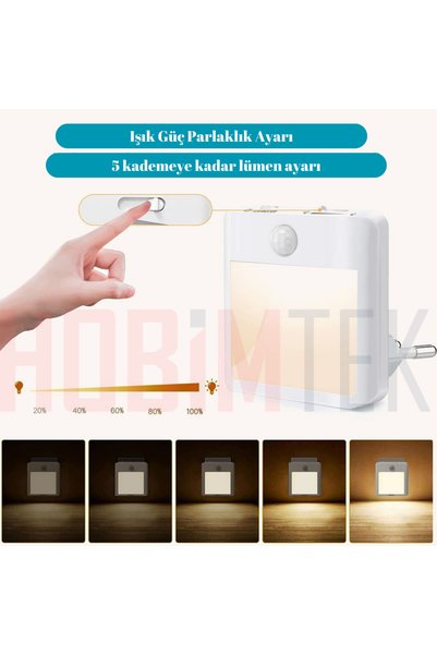 Hobimtek Akıllı Hareket Sensörlü Led Gece Lambası Fişe Takılan Karanlıkta Yanan Güç Ayarlı Led Işık L001