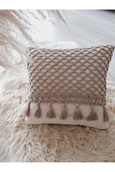 ZÜMAL Makrome Örgü Keten Dekoratif Kırlent Kılıfı Tekli -Yastık 43x43 Cm (Renk Vizon )