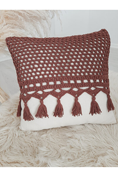 ZÜMAL Makrome Örgü Keten Dekoratif Kırlent Kılıfı Tekli -Yastık 43x43 Cm (Ren...