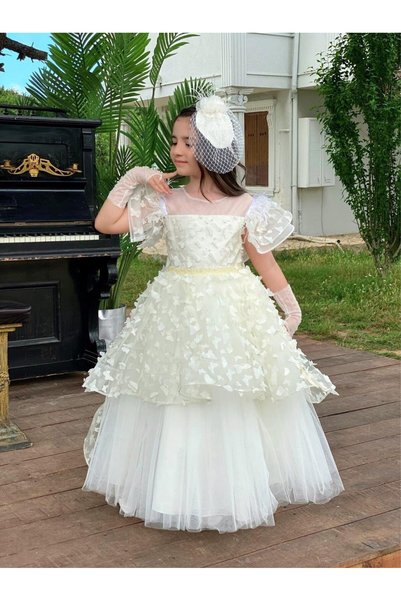 Sare Çocuk Giyim White Butterfly Detailed Girl's Evening Dress, Buckle, Gloves