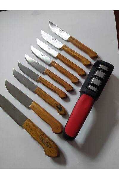 DİBA AVM Kitchen Knife Set - Wooden Handle Osmaniye Knife Fruit Vegetable Knife Knife Sharpening Tool Set of 10