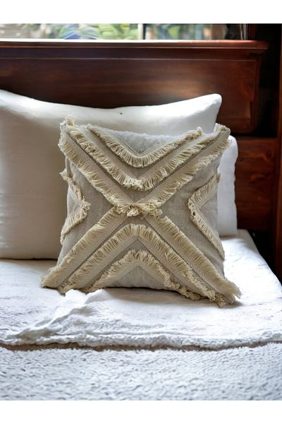NDC HOME Husă de pernă pătrată cu mai multe ciucuri din in brut 43x43