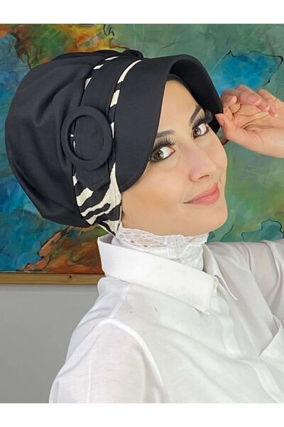 BUTİKAMBAR Nazlı Model Tokalı İri Krem Çizgili Zebra Desen Tesettür Siyah Şapka