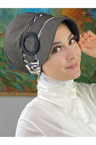 BUTİKAMBAR Nazli Model Buckle Thin Cream Striped Zebra Pattern Hijab Anthraci...