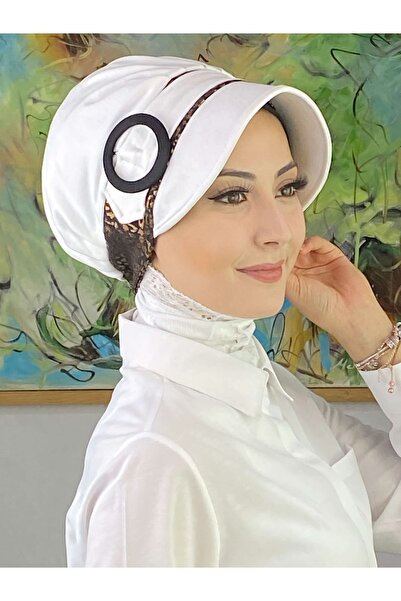 BUTİKAMBAR Nazlı model kopča sjajni bakarni leopard hidžab beli šešir