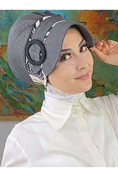 BUTİKAMBAR Nazli Model Buckle Black Cream Striped Zebra Pattern Hijab Dark Gr...